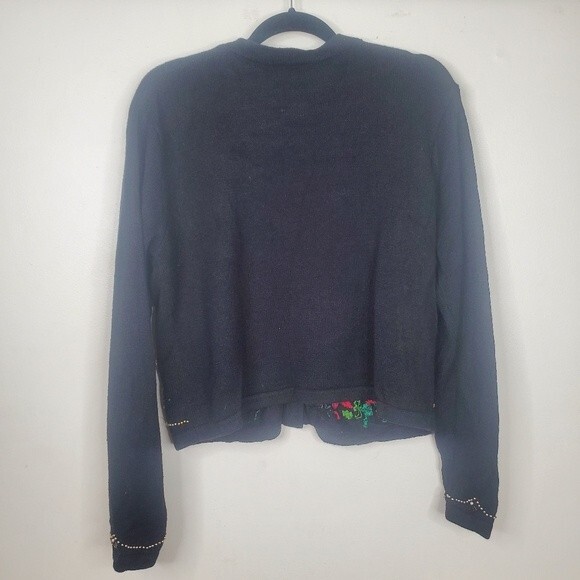 Victoria Jones black cardigan poinsettias and bead trim size large - Picture 6 of 6